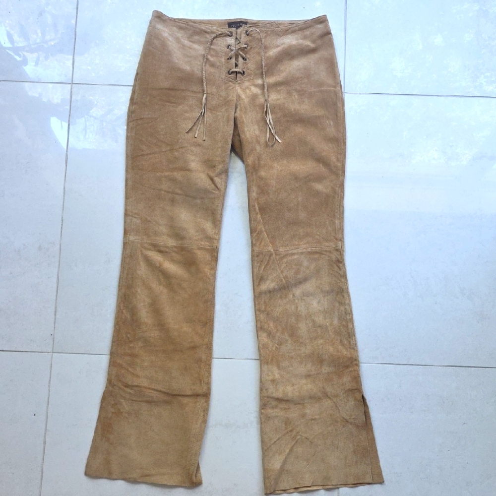 Guess Tan Lace-Up Flare Pants slit Low Rise  Genuine Leather Suede